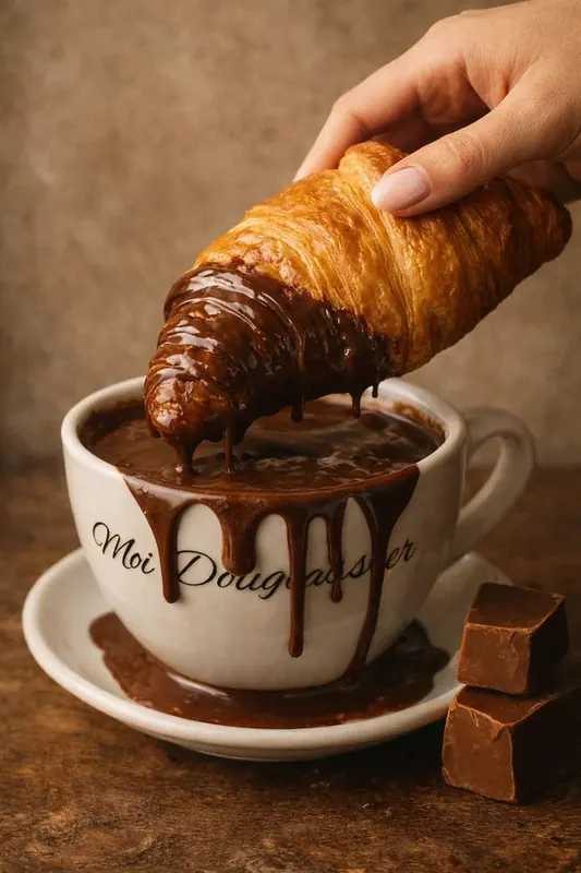 Freshly baked croissant dipped in Moi Doughssier branded hot chocolate